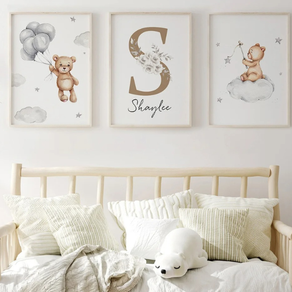 Lot de 3 affiches oursons sur nuages pour décoration murale chambre bébé