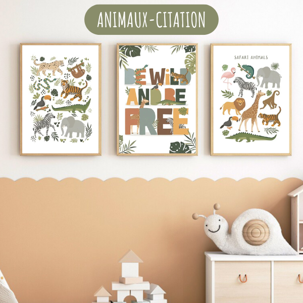 Ensemble de 3 affiches décoratives sur le thème des animaux de la jungle et du safari, idéal pour une chambre de bébé ou un espace de jeux.