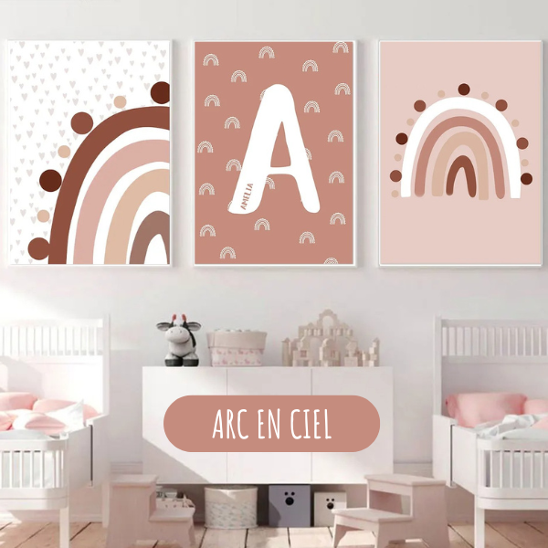 Affiches murales enfant avec arcs-en-ciel minimalistes aux couleurs teracotta pour décoration douce et moderne.