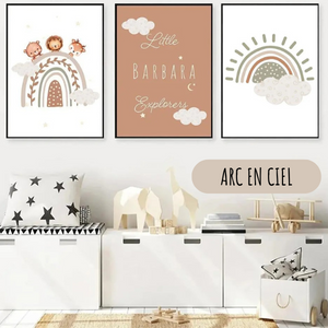 Triptyque d’affiches bébé arc-en-ciel bohème pour décoration de chambre enfant aux tons doux