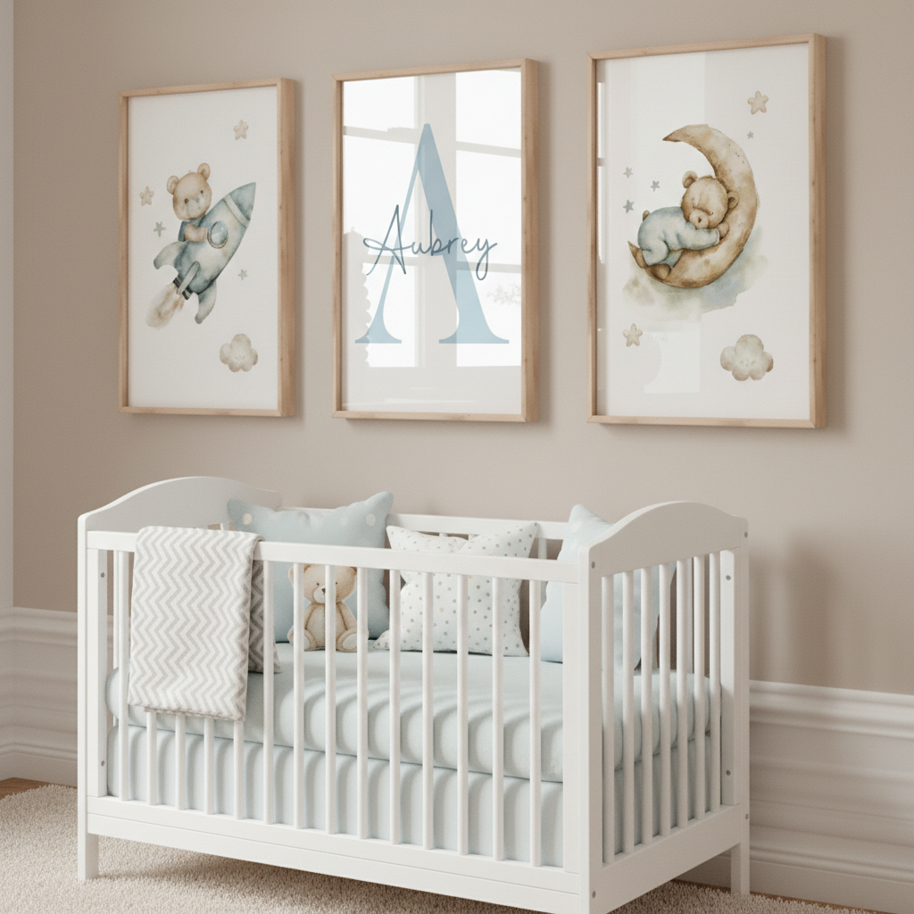 Triptyque affiches enfant ours lune et fusée