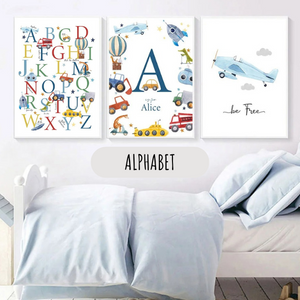 Triptyque éducatif alphabet illustré avec véhicules pour décoration de chambre enfant