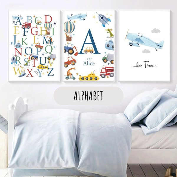 Triptyque éducatif alphabet illustré avec véhicules pour décoration de chambre enfant