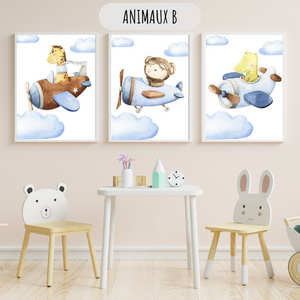 Ensemble de trois affiches enfant avec animaux volant en avion, décoration murale thème aviation