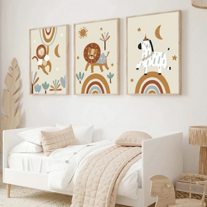 Ensemble de 3 affiches jungle avec un lion, un singe et un zèbre, pour une déco douce et apaisante