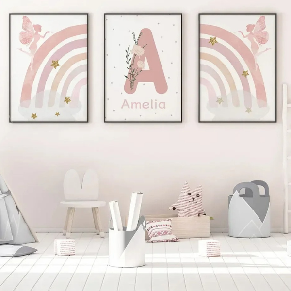 Triptyque décoratif personnalisé avec fée et arc-en-ciel rose pour chambre bébé fille