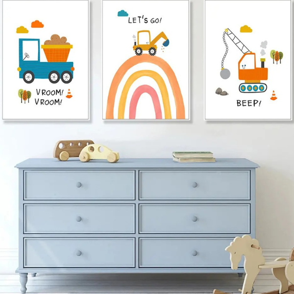 Ensemble de 3 affiches murales pour chambre d'enfant avec illustrations d'engins de chantier et arc-en-ciel.