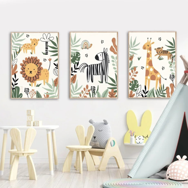 Ensemble de 3 affiches jungle avec lion, girafe et zèbre, décoration murale pour chambre enfant.
