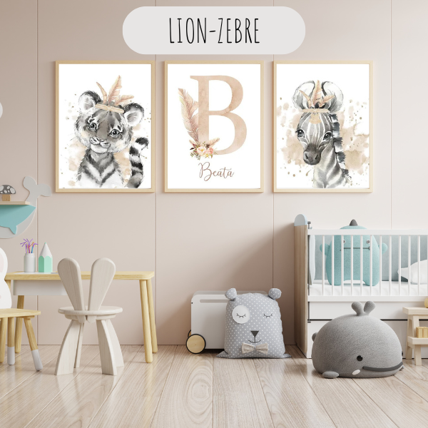Affiches murales lion et zèbre avec initiale personnalisable pour décoration chambre enfant