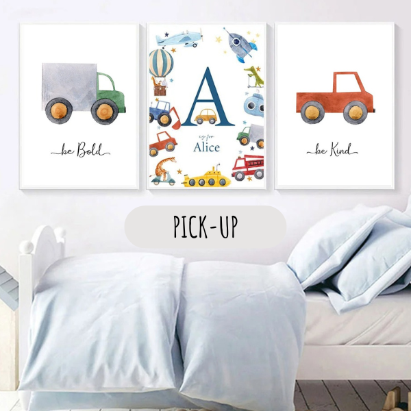 Triptyque d’affiches enfant avec pick-up et véhicules illustrés pour chambre bébé