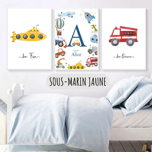 Triptyque d’affiches enfant avec tracteur illustré et décoration chambre bébé sur le thème des véhicules