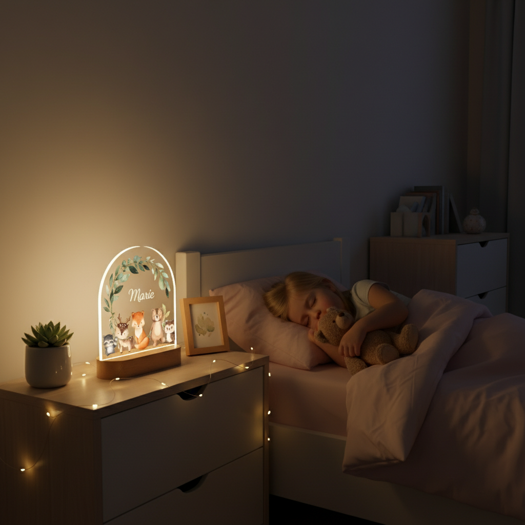 Veilleuse personnalisée pour enfant avec prénom, illustrée d’animaux de la forêt, diffusant une lumière douce dans une chambre d’enfant pendant le sommeil.