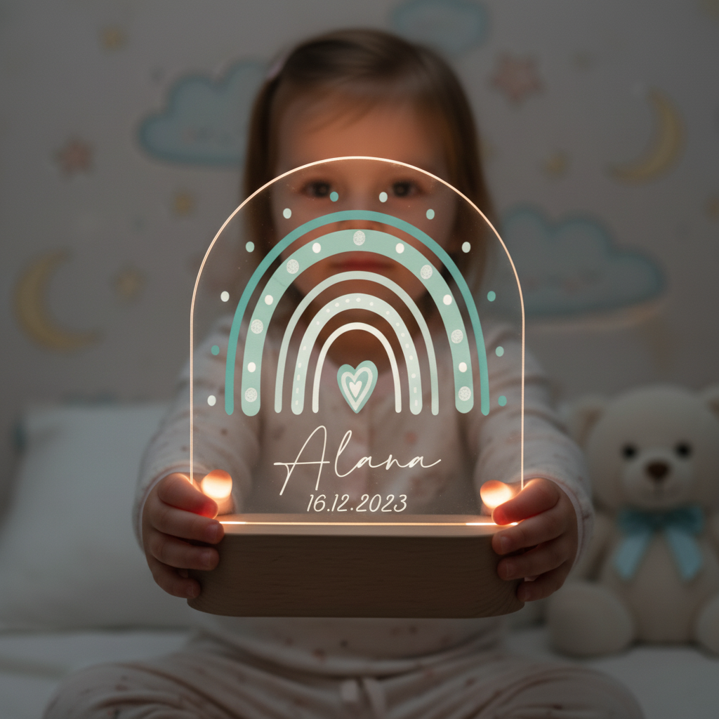 Veilleuse arc-en-ciel LED tenue par une petite fille.
