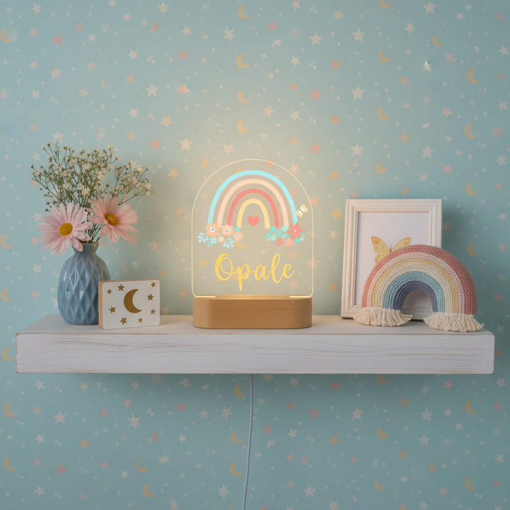 Veilleuse arc en ciel LED utilisée comme élément décoratif dans une chambre enfant
