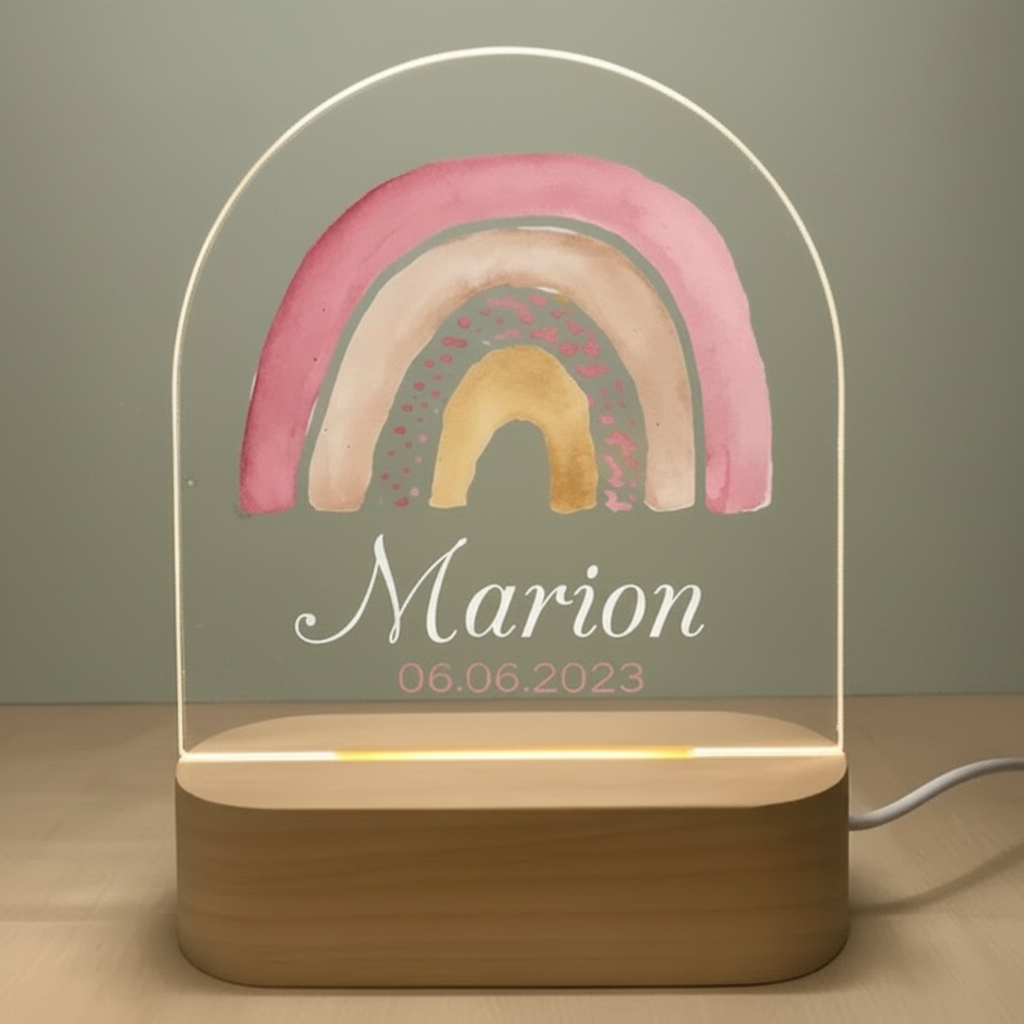Veilleuse arc-en-ciel personnalisée avec prénom et lumière douce