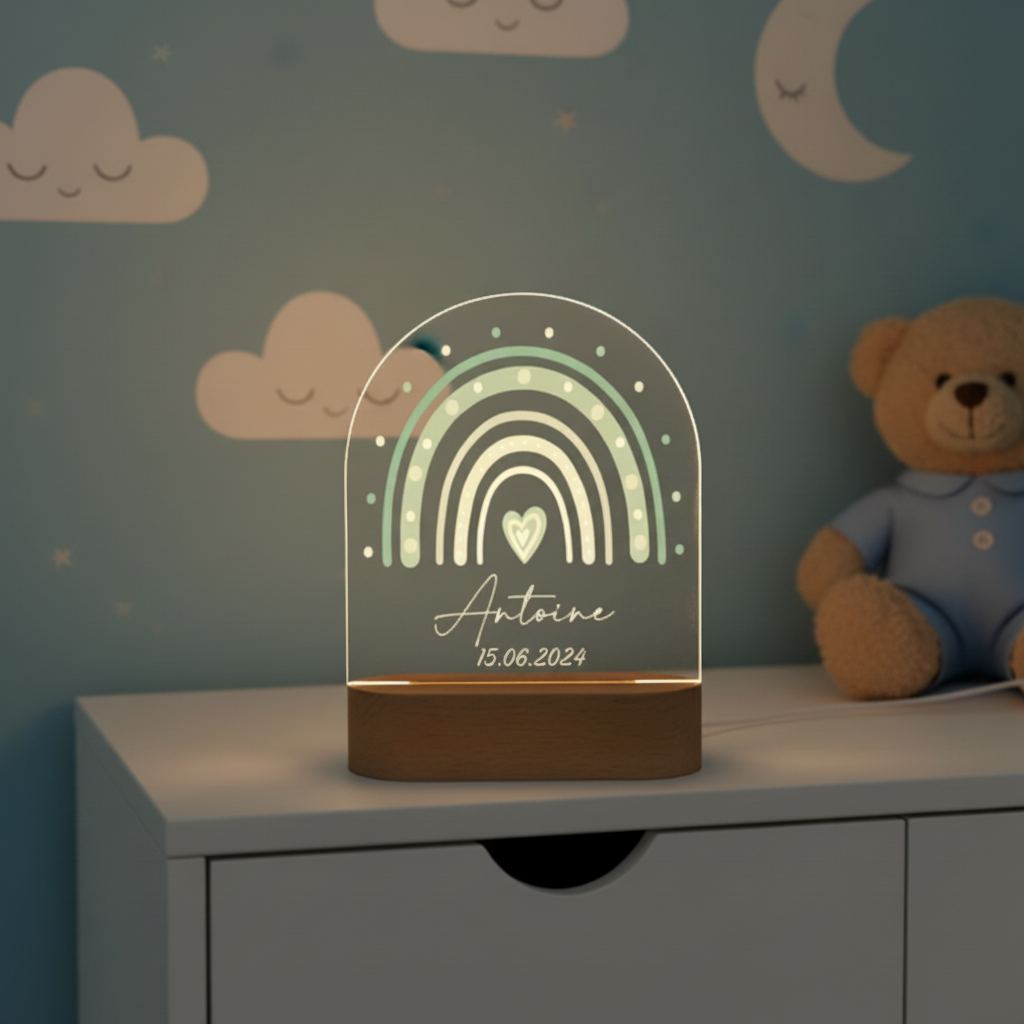 veilleuse décorative arc-en-ciel vert sauge dans une chambre d’enfant