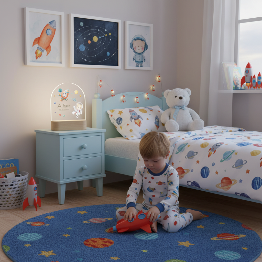 Veilleuse astronaute éclairée posée sur une table de chevet dans une chambre