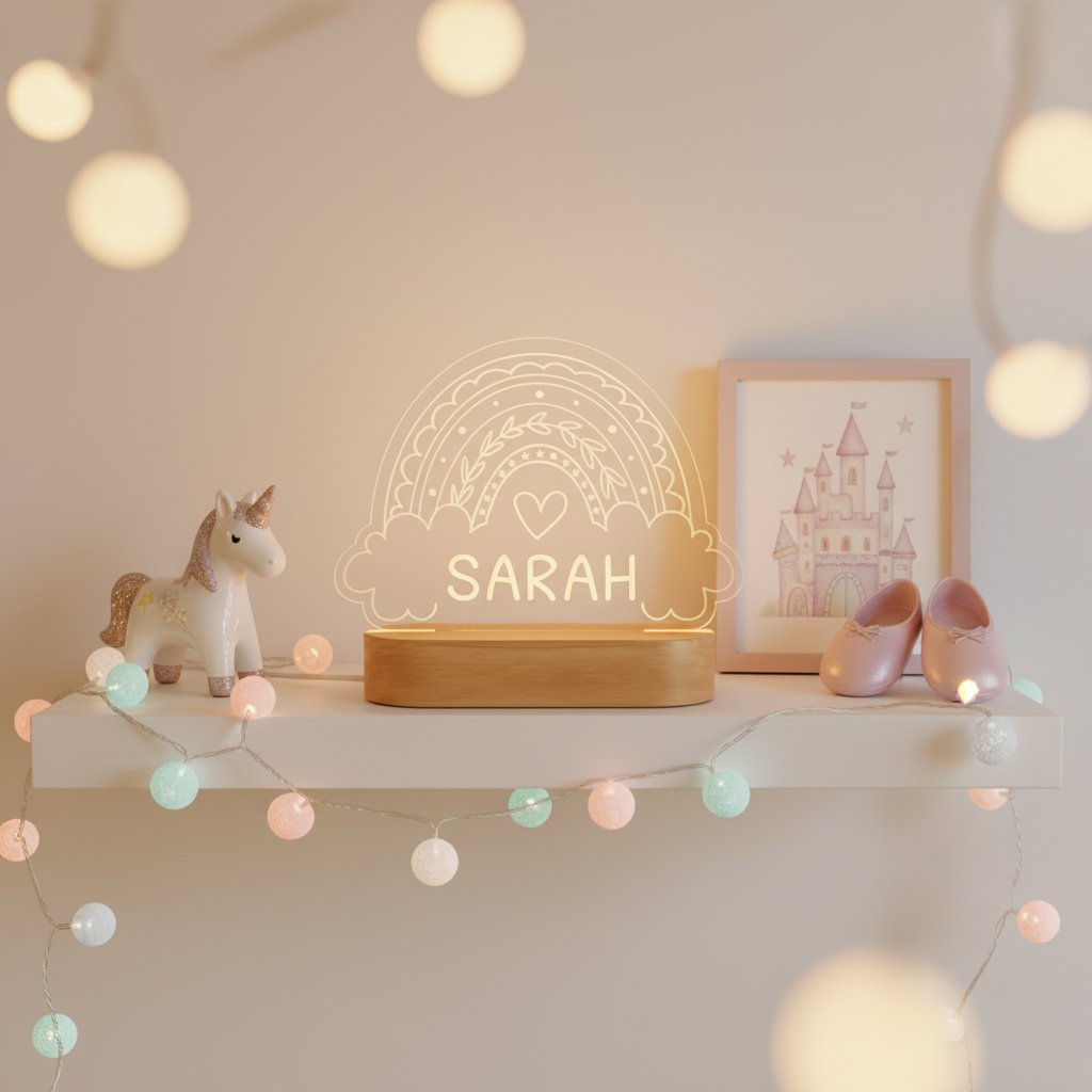 Veilleuse personnalisée bébé arc en ciel créant une ambiance lumineuse poétique et rassurante