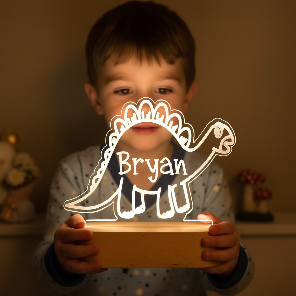 Veilleuse bébé dinosaure stégosaure posée sur un socle en bois, lampe LED douce pour chambre d’enfant
