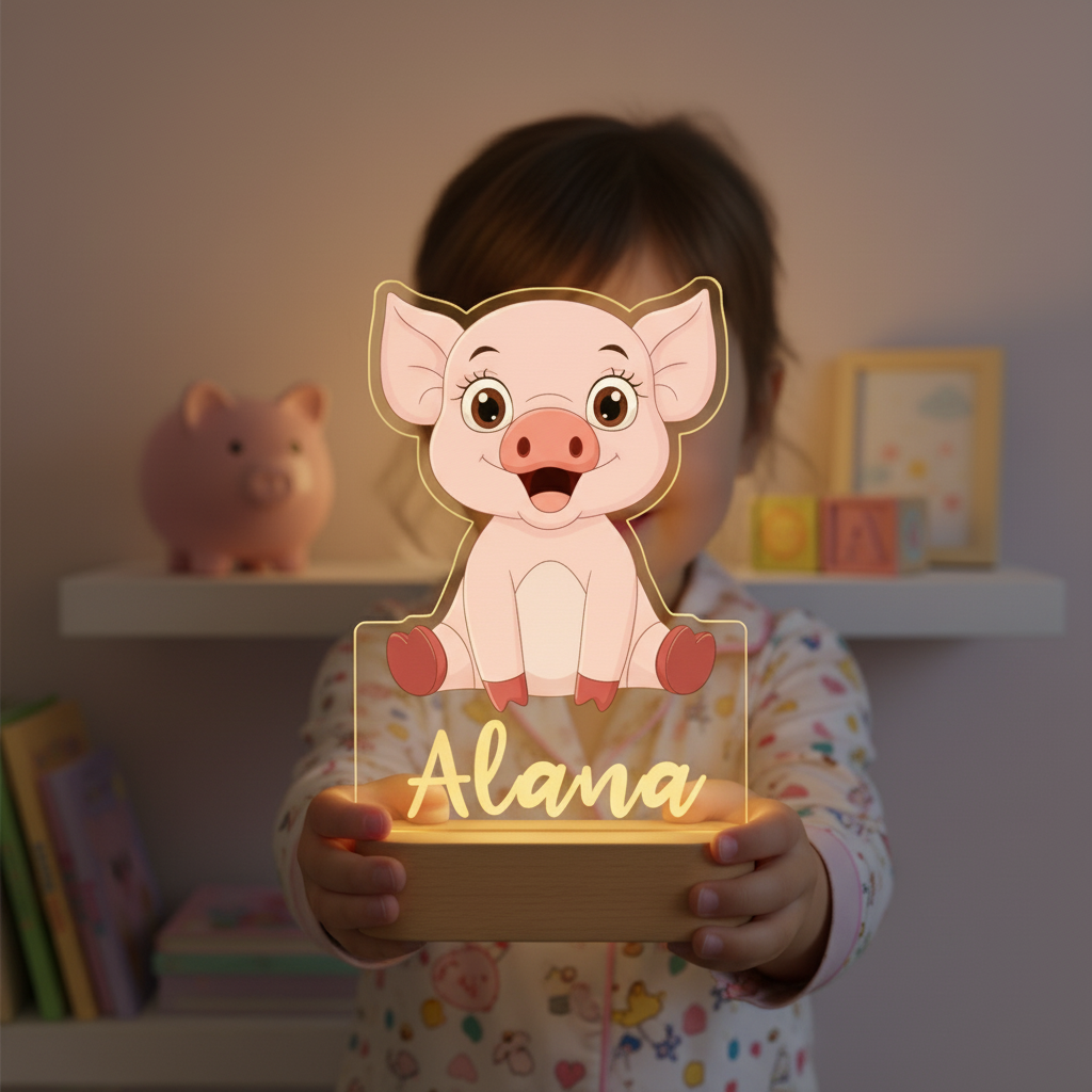 Veilleuse cochon LED avec base en bois pour éclairage nocturne doux