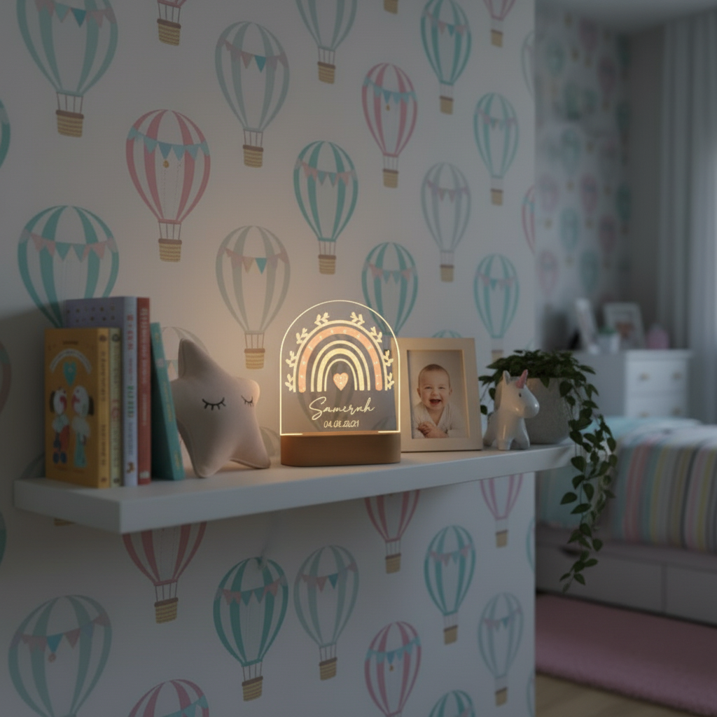 Veilleuse décorative posée sur étagère blanche.