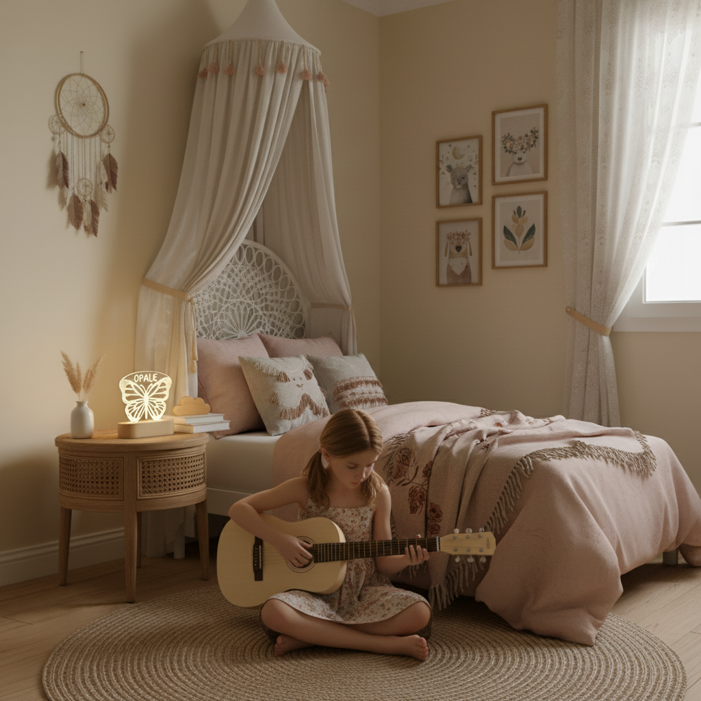 Veilleuse décorative papillon posée sur une table de chevet