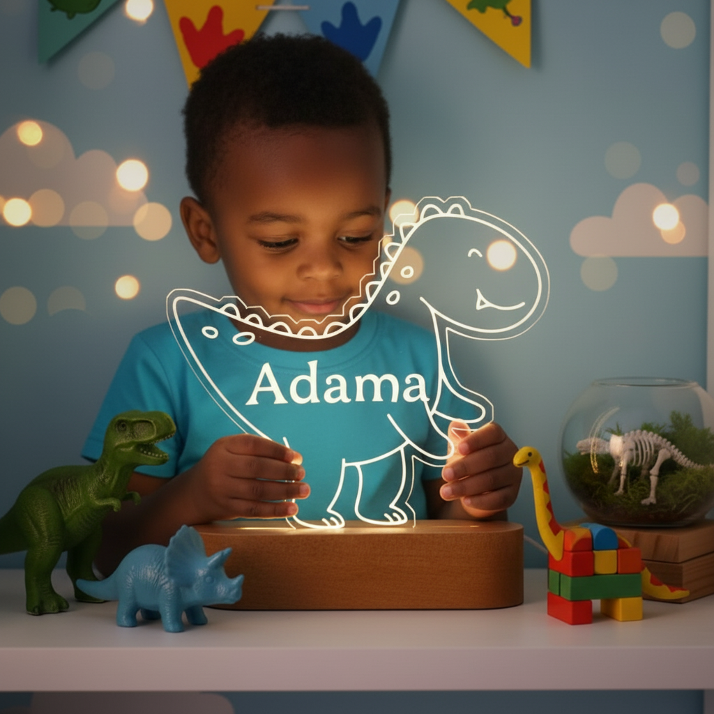 enfant tenant une lampe dinosaure avec base en bois