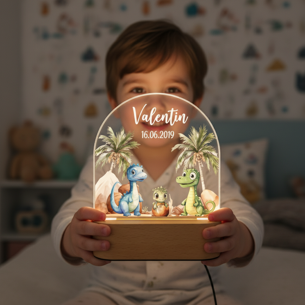 Enfant tenant une lampe dinosaure personnalisable illuminée dans une chambre.