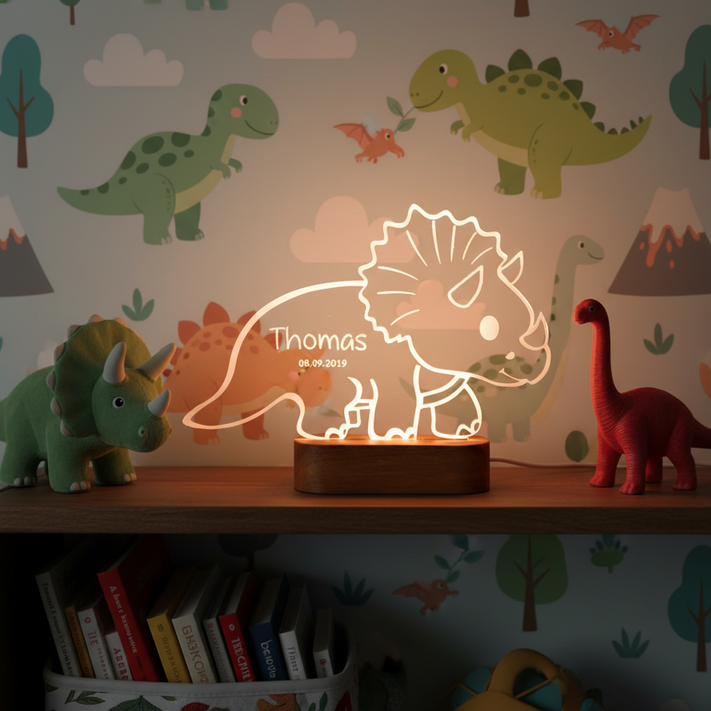Veilleuse dinosaure tricératops LED posée sur une étagère dans une chambre d’enfant décorée dinosaures.