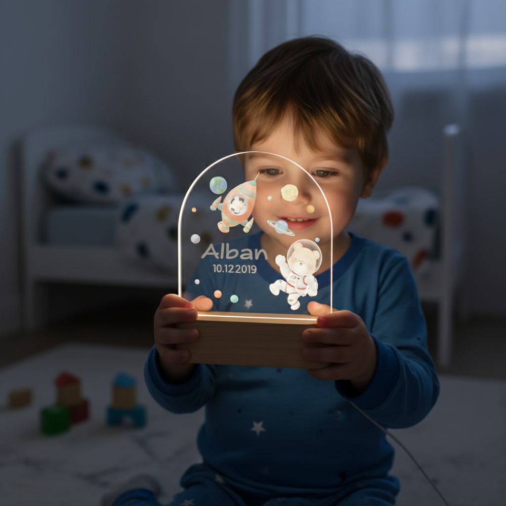 Enfant tenant une veilleuse lumineuse thème espace avec astronaute et fusée