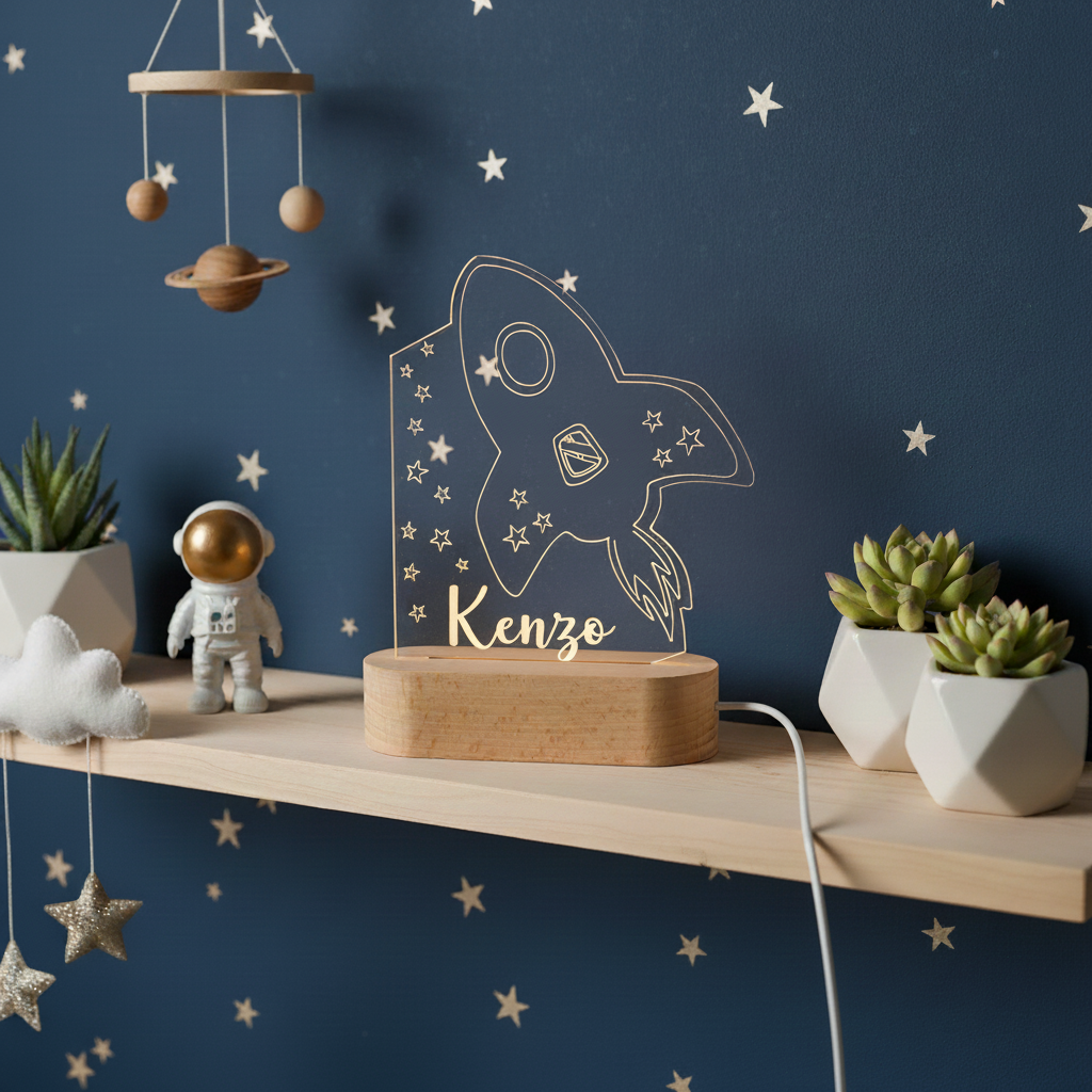 veilleuse fusée lumineuse posée sur une étagère dans une chambre étoilée