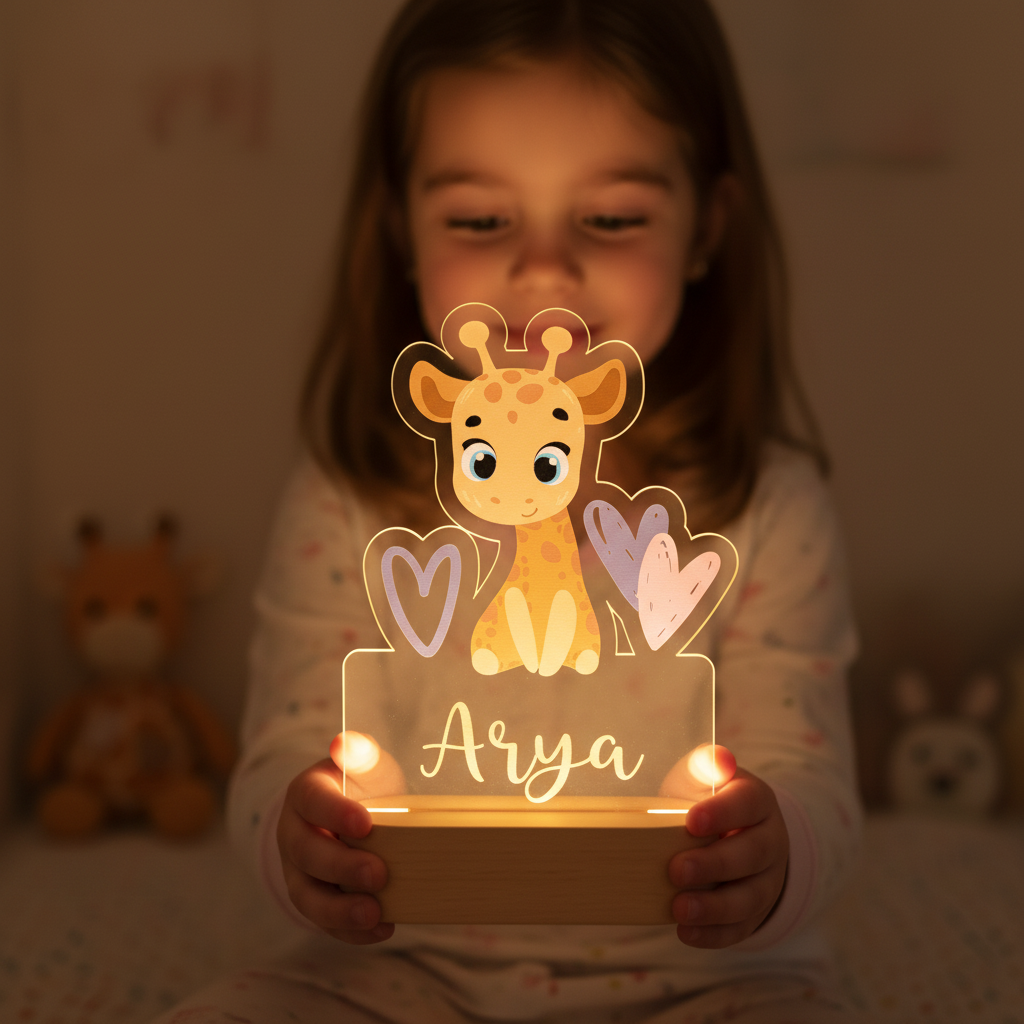 Veilleuse girafe en bois et acrylique pour chambre enfant