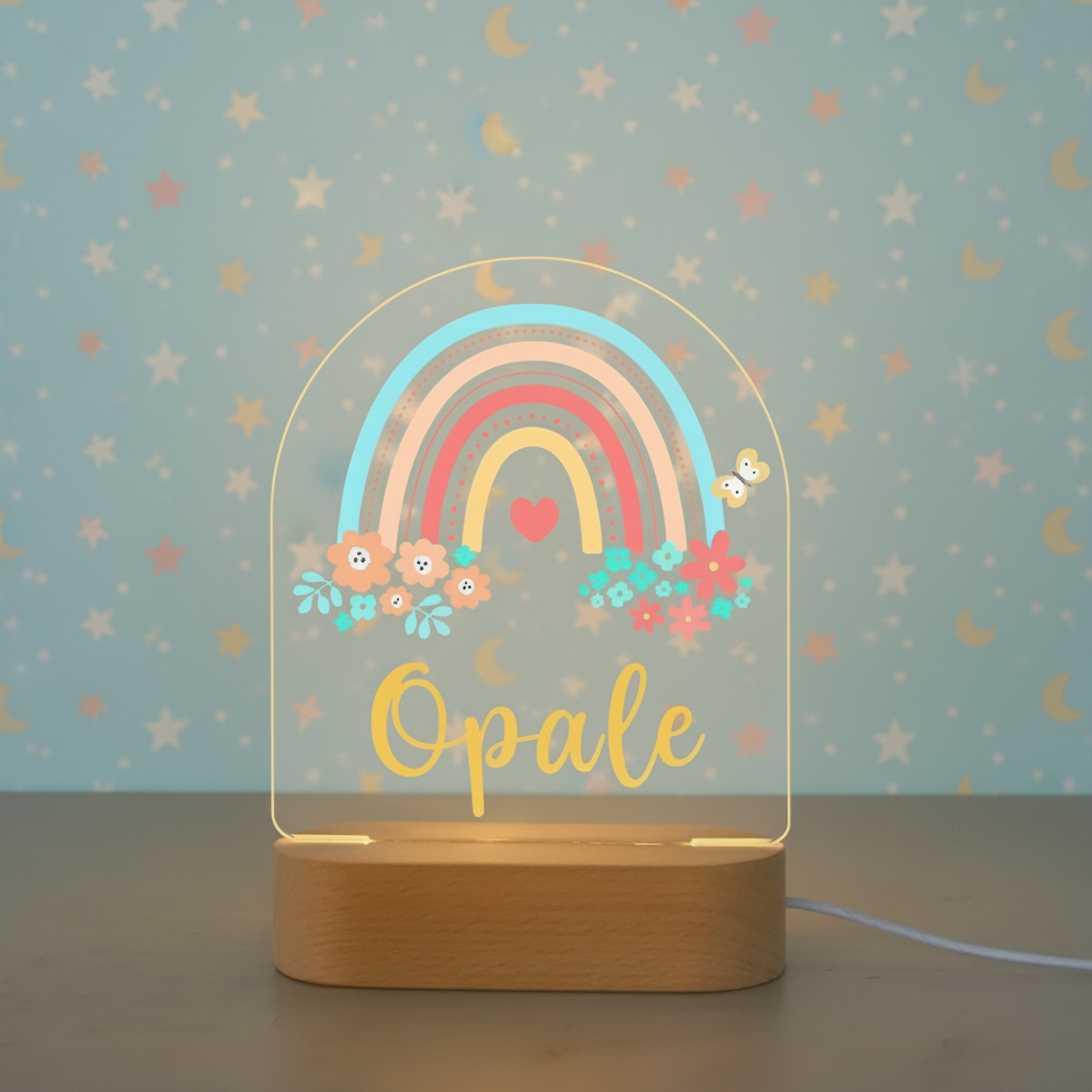 Veilleuse LED bébé arc en ciel aux couleurs pastel dans un univers doux et apaisant