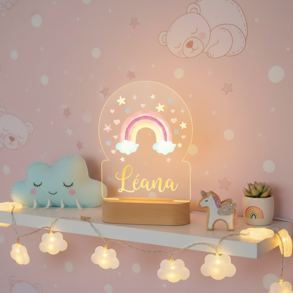 Veilleuse LED enfant arc en ciel décorative posée sur une étagère murale