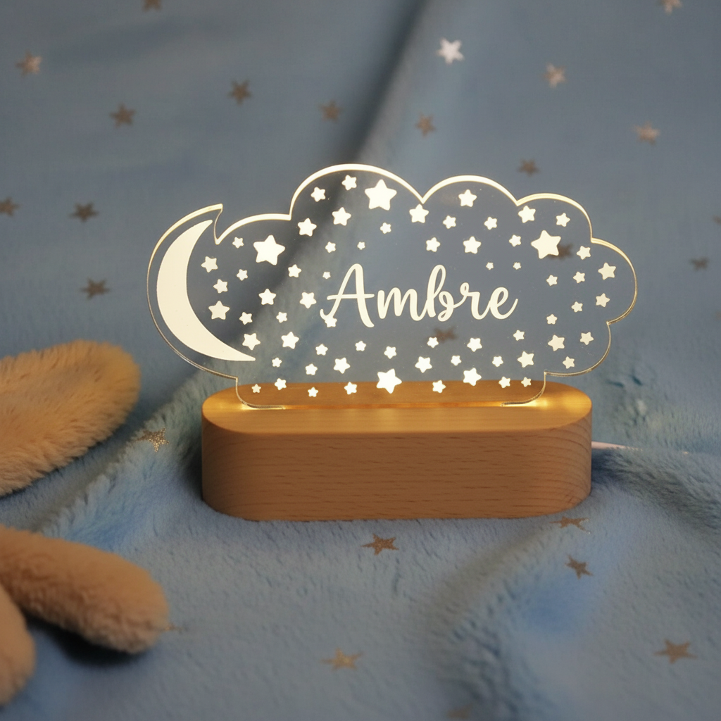 Veilleuse LED enfant nuage et lune allumée diffusant une lumière douce, idéale pour une atmosphère apaisante dans une chambre d’enfant