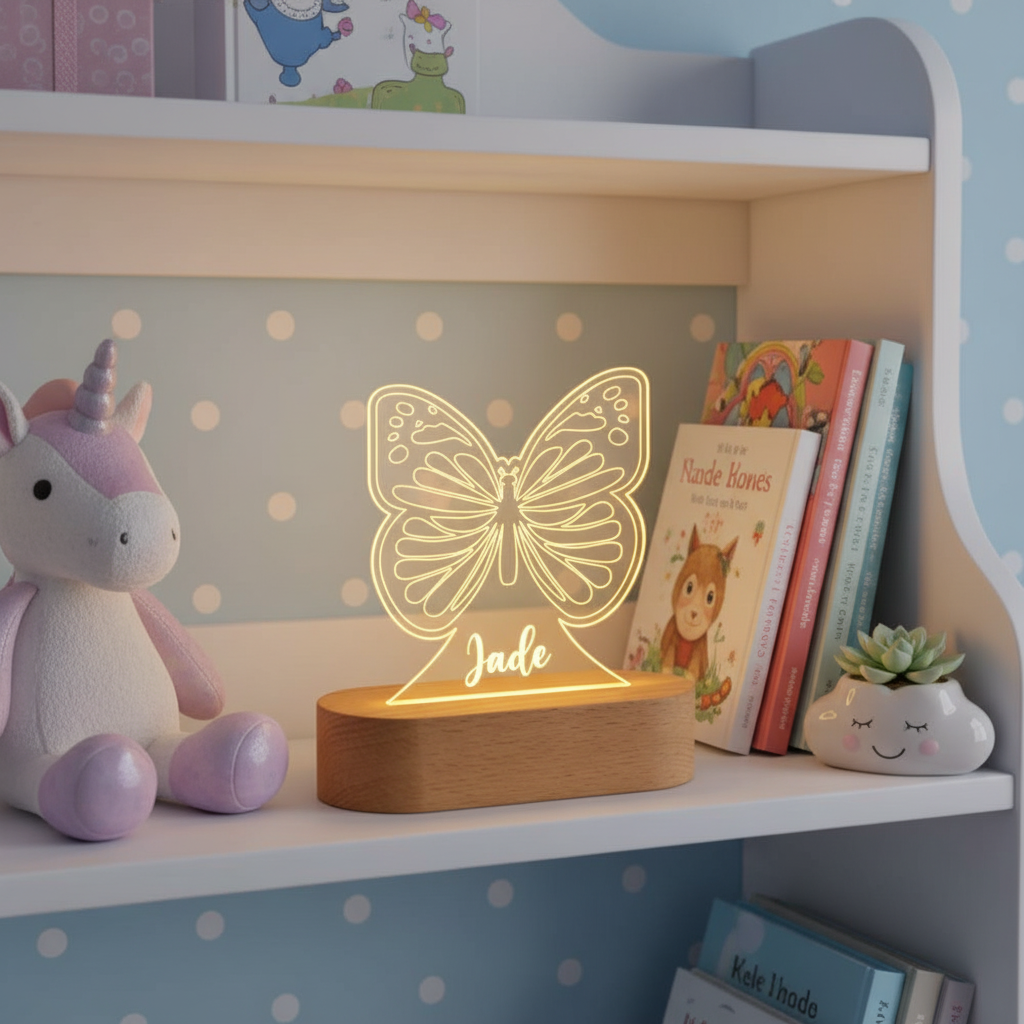 Veilleuse LED enfant papillon personnalisable montée sur une base en bois, offrant une décoration lumineuse élégante et sécurisée