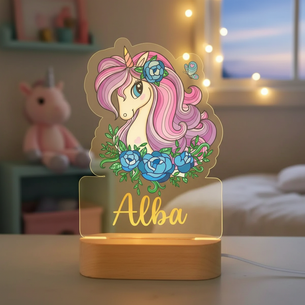 Veilleuse licorne personnalisée posée sur une table de nuit dans une chambre bébé licorne