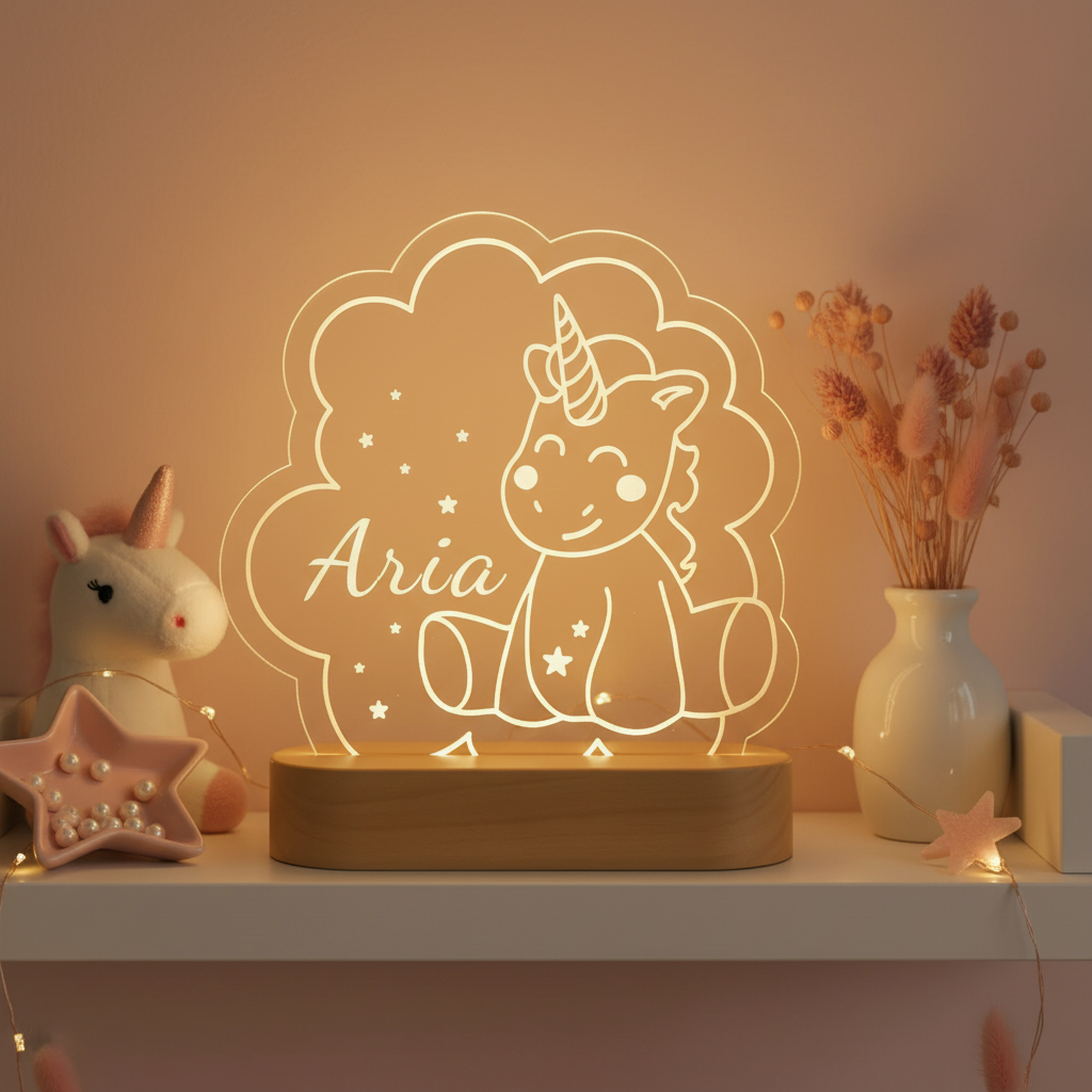 Veilleuse licorne personnalisée posée sur une étagère décorée dans une chambre d’enfant