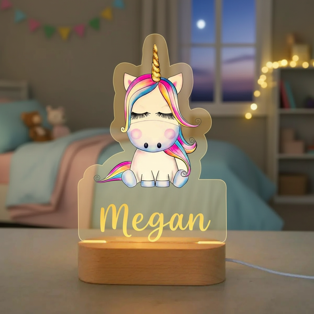 Veilleuse licorne personnalisée avec lumière douce, posée sur une table de nuit dans une chambre d’enfant pour une ambiance rassurante au coucher.