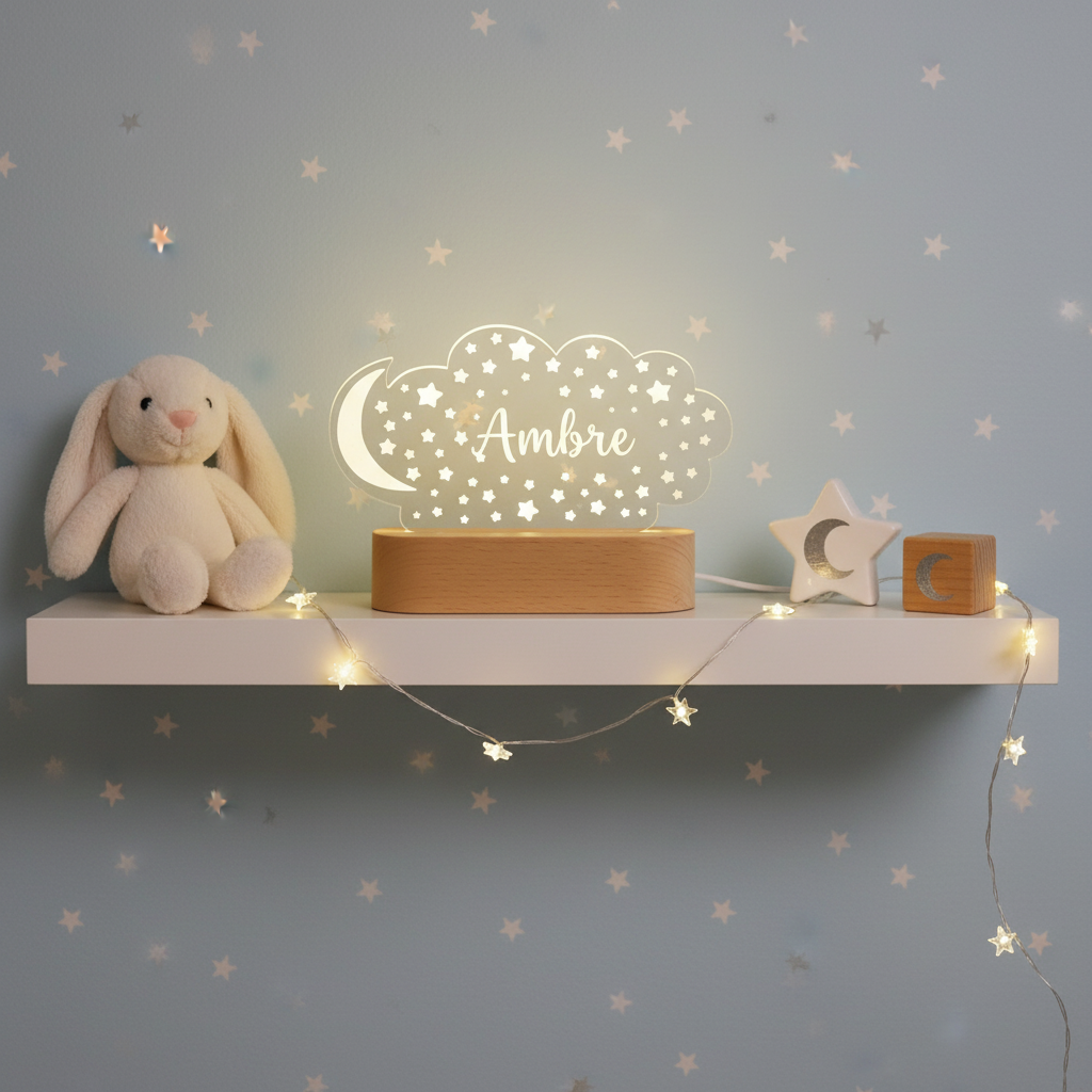 Veilleuse LED enfant nuage avec étoiles et lune posée sur une étagère décorative, parfaite comme élément de décoration pour chambre bébé