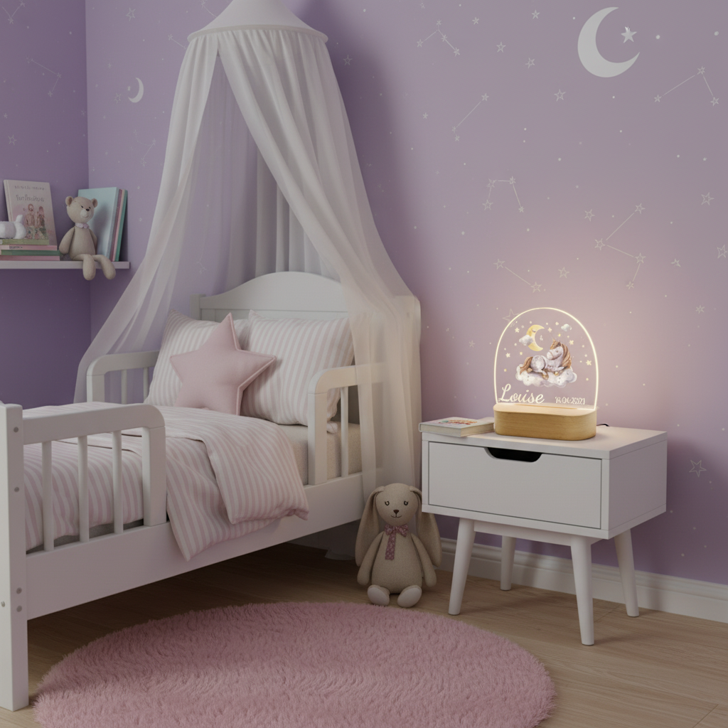 Veilleuse licorne personnalisée éclairée sur table de chevet dans une chambre d’enfant