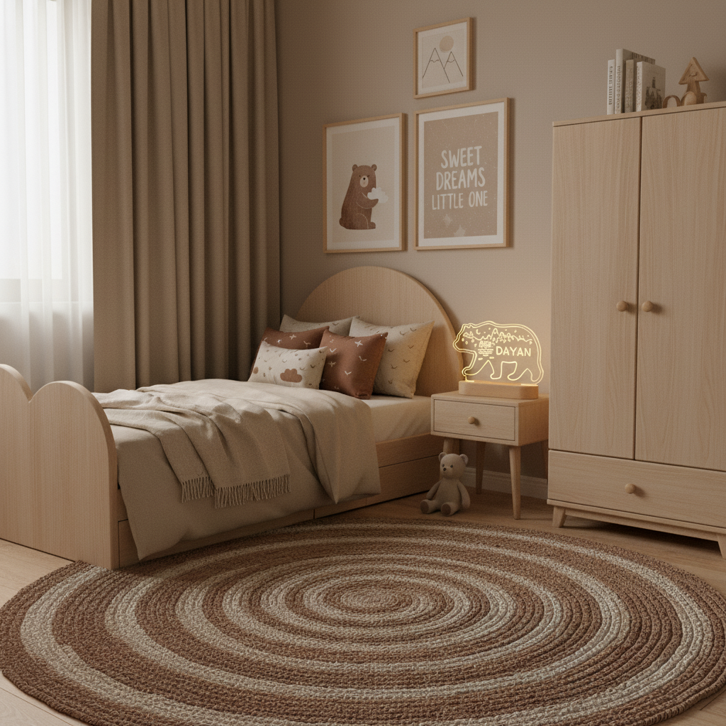 veilleuse ours posée sur une table de chevet dans une chambre d’enfant décorée