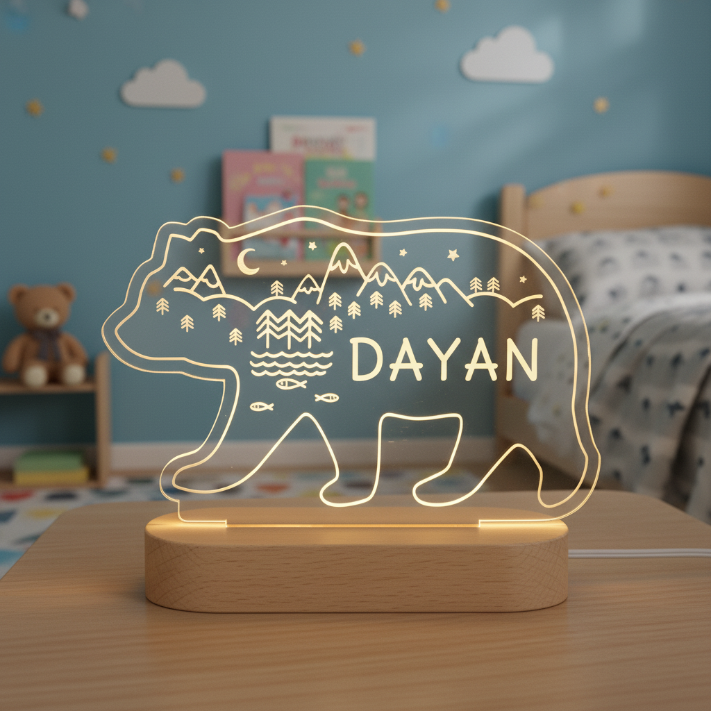 veilleuse ours lumineuse dans une chambre d’enfant ambiance nature
