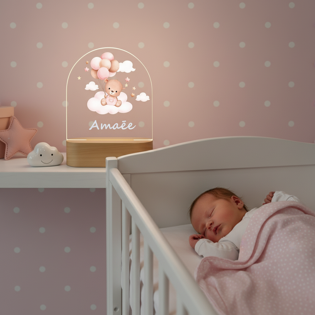 Veilleuse ourson lumineux avec ballons posée près d’un berceau dans une chambre bébé rose.