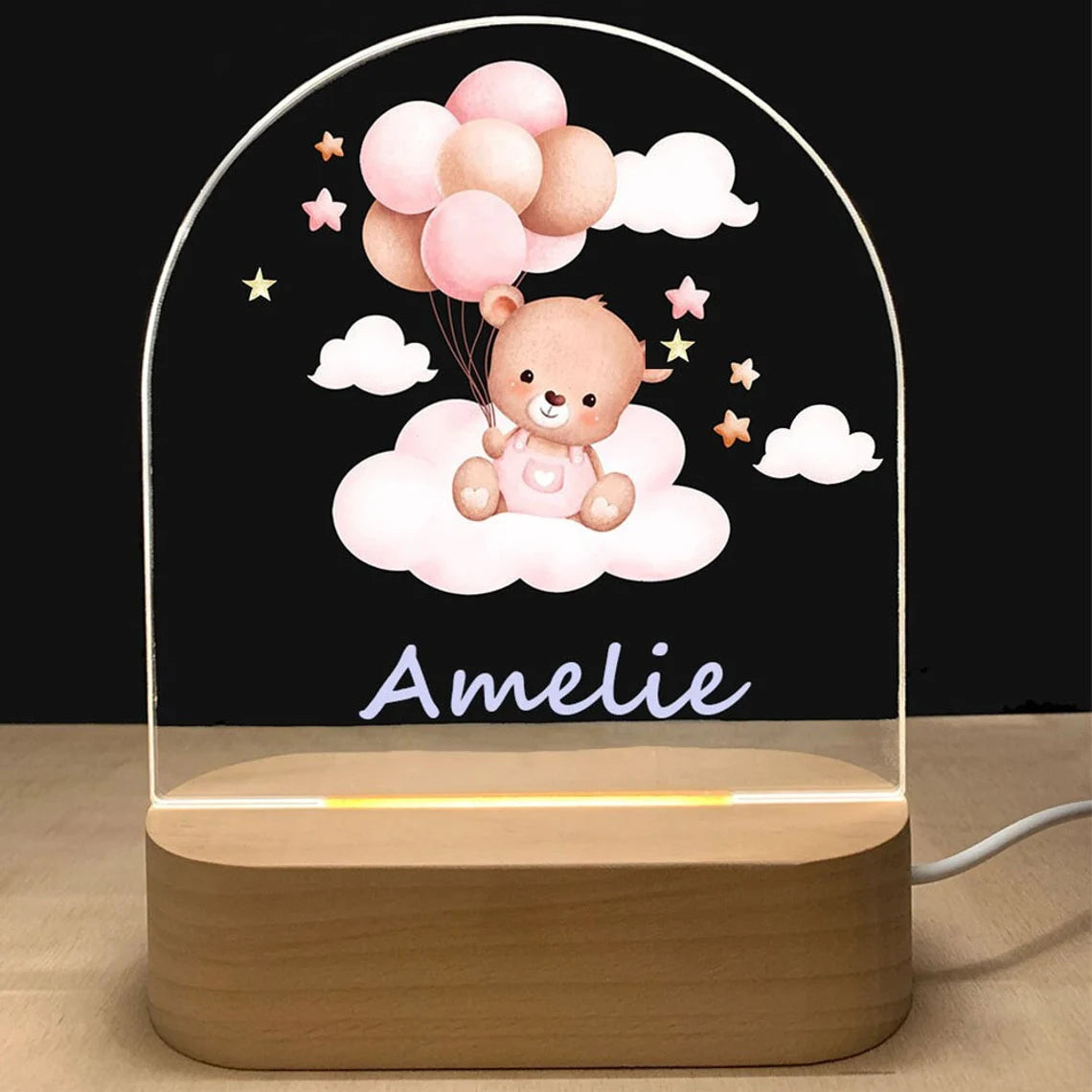 Veilleuse personnalisable bébé ourson rose avec prénom. Lampe LED douce pour chambre d'enfant, cadeau naissance ou baptême unique.