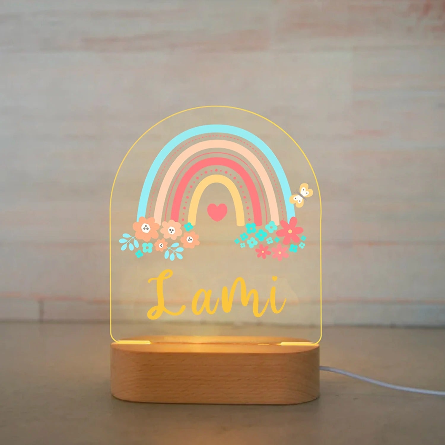 Veilleuse arc-en-ciel personnalisée avec prénom – Lampe LED en bois, design arc-en-ciel bohème avec fleurs, parfaite pour une décoration chambre enfant.