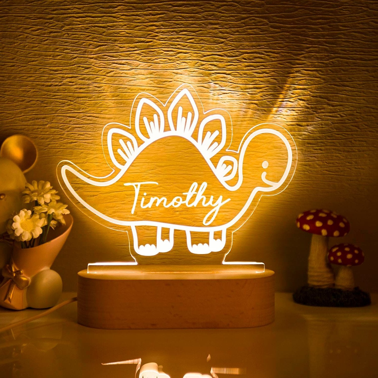 Lampe personnalisée bébé avec prénom - Veilleuse dinosaure LED en bois pour chambre d'enfant. Idéale comme cadeau de naissance, baptême ou anniversaire.
