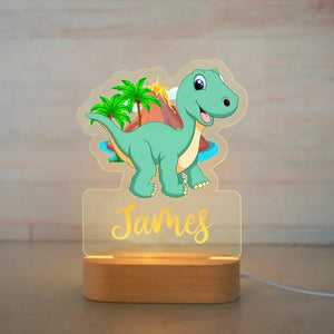 Veilleuse dinosaure personnalisée avec prénom – Lampe LED en bois, motif T-Rex avec décor volcanique, idéale pour un cadeau d’anniversaire enfant."