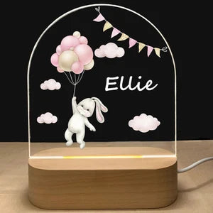 Veilleuse personnalisée lapin rose avec prénom. Lampe LED décorative pour chambre de bébé, cadeau naissance ou baptême