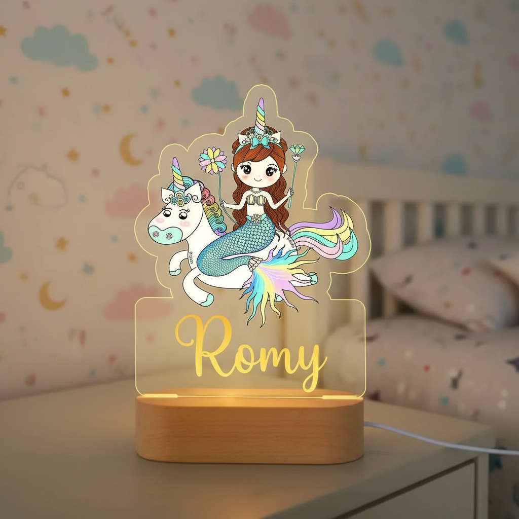 Veilleuse personnalisée licorne sirène diffusant une lumière douce pour la nuit